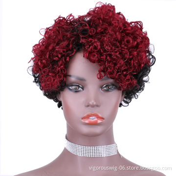 Vigorous Top Quality Ombre Black Roots To Red Afro Kinky Curly Wigs for Black Women Short Side Part Human Hair Wholesale Price